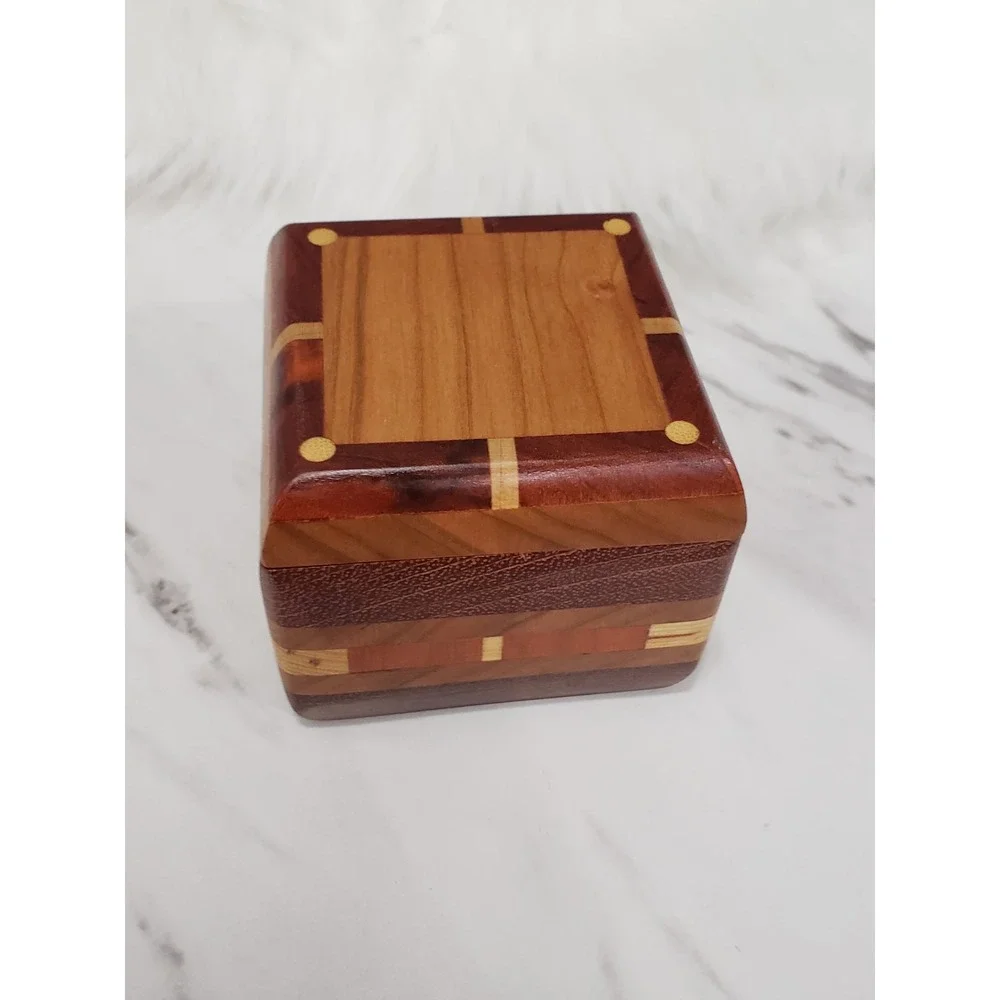Trinket Storage box inlaid wood SWING OPEN LID MCM Vintage Pill Box Vanity